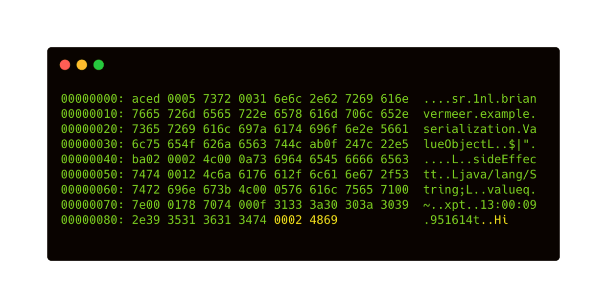 file “ValueObject.ser” containing the serialized object with a hex-editor the output is this.